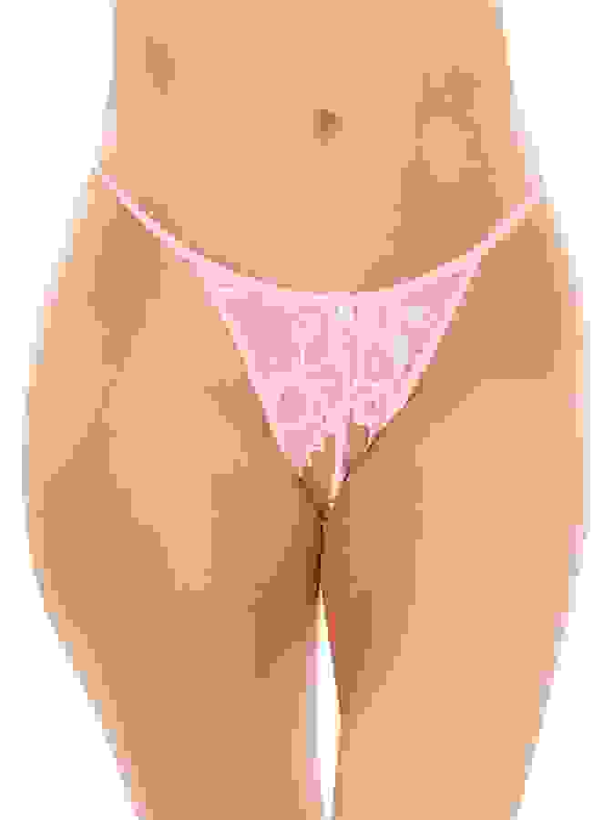 Fantasy Lingerie Bottoms Up Pink Lace Crotchless Pearl Thong, Pink, hi-res
